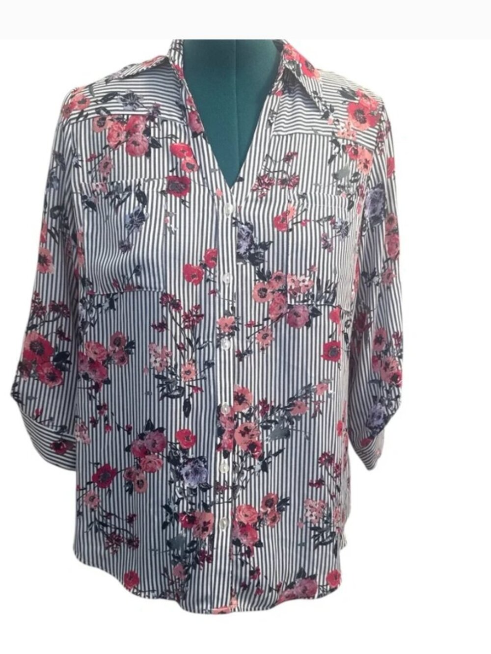 Fashionable button up with stripes and floral print - IZ byer - Like New